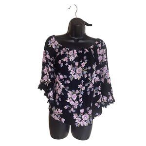 Floral Black & Pink Bell Sleeve Blouse By Alterd State M